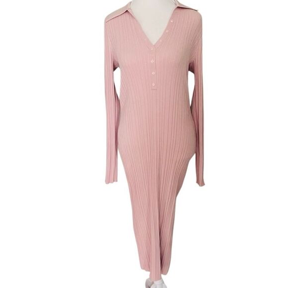 NWT EXPRESS Pink Ribbed Bodycon Long Sleeve Midi Dress,button front size Medium - Picture 1 of 7